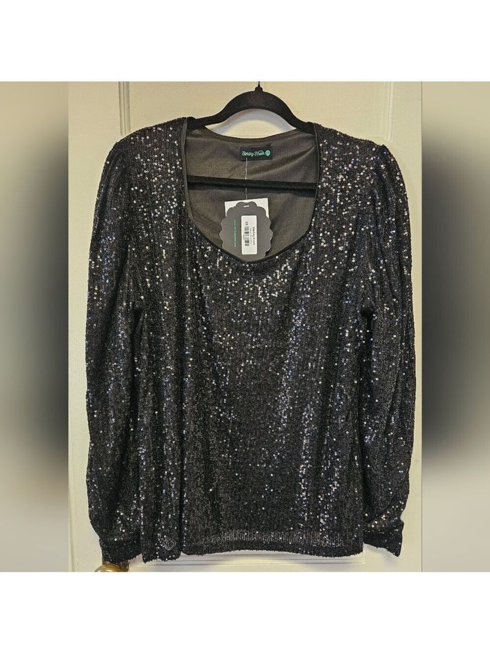 Dazzling Black Sequin Blouse Long-sleeve NWT Plus Size